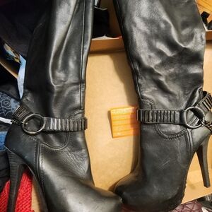 Fergie Black Heeled Boots with Strap Detail